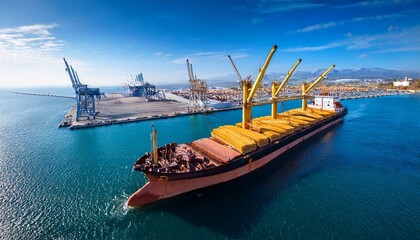 global grain trade dry cargo ship loading corn at harbor for worldwide distribution