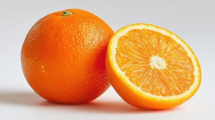 Fresh orange with bright textured skin and a juicy sliced wedge on a white studio background