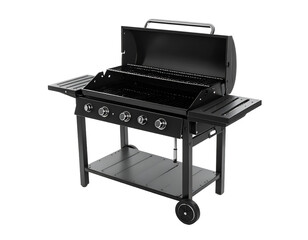 Robust black gas grill with an open cooking chamber and convenient storage shelves for outdoor entertaining.