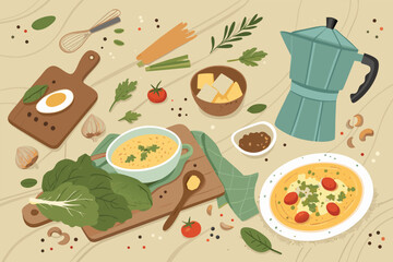 Vector lo-fi cooking scene, cozy kitchen mess, dishes, food prep, ingredients, soft lighting, plants, minimalist design.