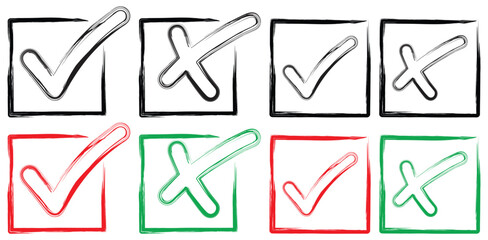 Check and Cross Grunge Style Icons Set.