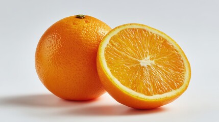 Fresh orange with bright textured skin and a juicy sliced wedge on a white studio background