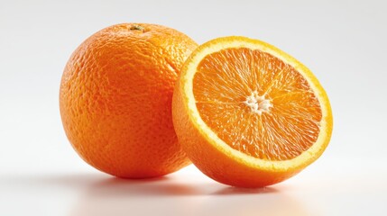 Fresh orange with bright textured skin and a juicy sliced wedge on a white studio background