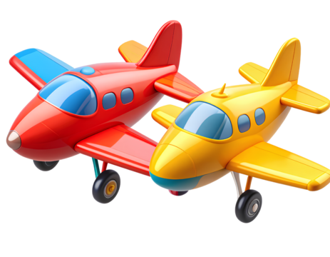 Two Toy-Like 3D Red and Yellow Aircraft Icons with Bold Curves and Plastic Shine, Transparent PNG