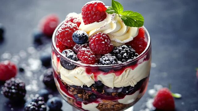 Delicious berry parfait in glass on dark table, dessert with fresh raspberry and blueberry,