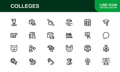 Colleges Education Institutions Professional Line Icon Collection – A minimal, modern vector set featuring college-themed symbols and academic-related graphics