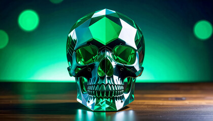 Crystal skull on the table surface, for advertising, with space for text