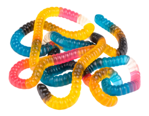 A vibrant tangle of sweet, colorful gummy worms creates an inviting and playful confectionery display.