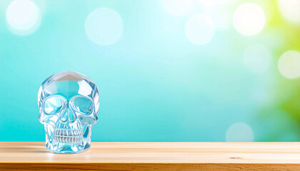 Crystal skull on the table surface, for advertising, with space for text