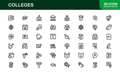 Colleges Education Institutions Professional Line Icon Collection – A minimal, modern vector set featuring college-themed symbols and academic-related graphics