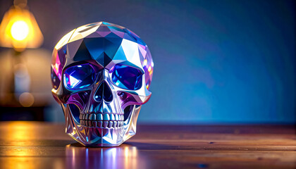 Crystal skull on the table surface, for advertising, with space for text