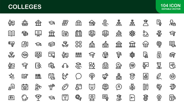 Colleges Education Institutions Professional Line Icon Collection – A minimal, modern vector set featuring college-themed symbols and academic-related graphics