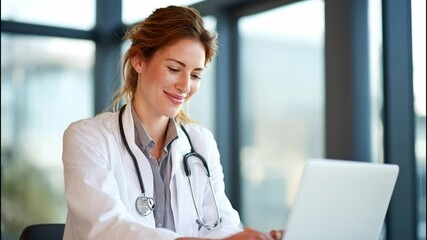 Smiling doctor using laptop in modern office setting
