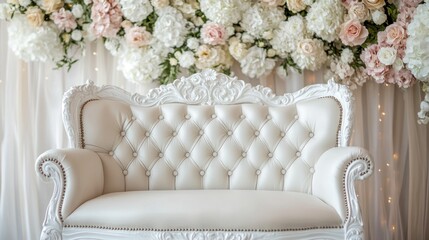 Elegant white sofa with ornate details, surrounded by floral arrangements.
