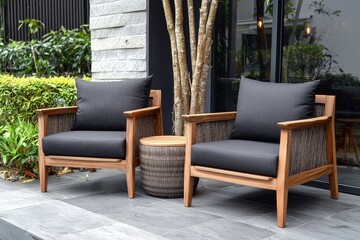 Teak wood patio set with two chairs, outdoor table, and black fabric cushions in garden cafe setting.