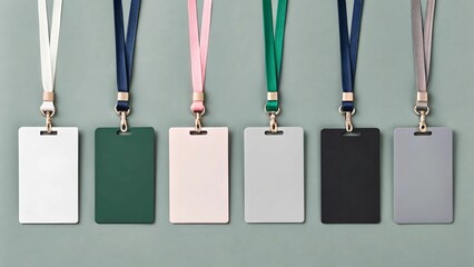 Mockup Six blank ID cards with various colored lanyards hang neatly against a muted green background.