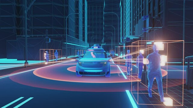 An autonomous taxi navigates a digital wireframe city street, utilizing advanced sensors represented by glowing overlays to detect pedestrians and ensure safe transportation in the future.