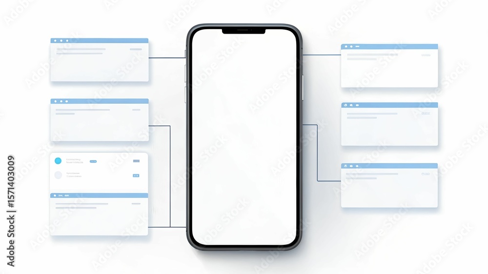 Aufkleber mockup smartphone displaying blank screen connected to multiple digital windows, showcasing seamless