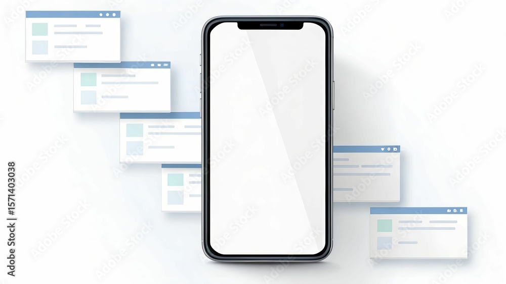 Aufkleber a smartphone mockup with floating windows, showcasing app interface and digital design.
