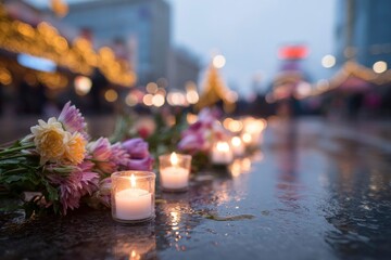 Solemn scene featuring lit candles and flowers laid on a wet surface at twilight hour.