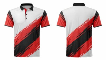 Mockup Red and black abstract design polo shirt, front and back views, showcasing a sporty, modern style.