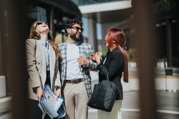Business colleagues enjoy a casual and cheerful moment outside, sharing laughter and enthusiasm...