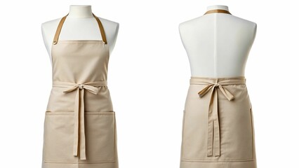 Mockup Front and back view of a beige apron on a mannequin, tied at the waist with pockets.