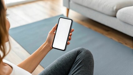 Mockup Woman on yoga mat holds smartphone with blank screen, preparing for online fitness class at home.