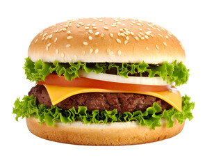 Delicious classic cheeseburger featuring a juicy patty, crisp lettuce, and melted cheese on a sesame bun.