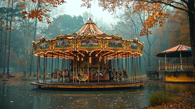 Old carousel in a park by a pond on a rainy autumn day