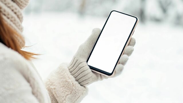Mockup Person holding a smartphone with a blank screen in a snowy outdoor setting. - Powered by Adobe