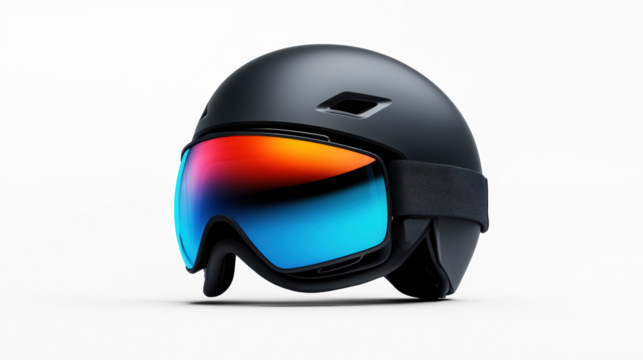 Ski helmet with reflective visor on transparent background