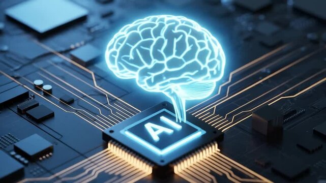 Artificial intelligence brain processing on a modern circuit board with digital data - Powered by Adobe