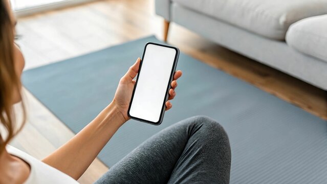 Mockup Woman on yoga mat holds smartphone with blank screen, preparing for online fitness class at home.