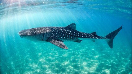 A majestic whale shark gracefully glides through clear, sunlit tropical waters, showcasing its immense size and distinctive spotted pattern.

