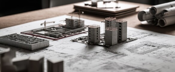 The detailed architectural models on a workspace desk with blueprints and plans.