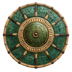 Fototapeta premium A round bamboo shield made from tightly woven bamboo strips with a sturdy central boss, natural green and tan colors