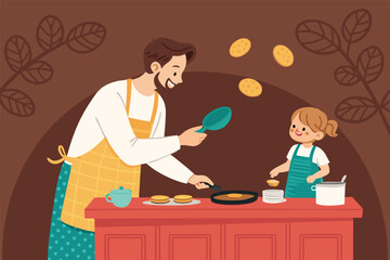 Vector illustration Lo-fi dad cooking pancakes, child waiting, kitchen setting, breakfast scene. Cartoon style.