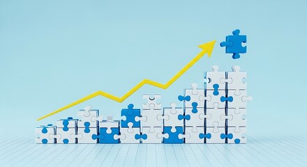Puzzle Growth Chart: An upward trending graph formed by interlocking puzzle pieces, symbolizing growth, progress, and strategic solutions. The yellow arrow emphasizes the positive trajectory. 