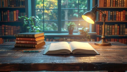 古い木製の机の上に開かれた数冊の本、その傍らには鉛筆とシンプルなノートが置かれ、温かみのある電気スタンドの光が紙面を優しく照らしています。この構図は、静寂で集中できる学習環境を表現しており、知的な雰囲気に満ちています。窓の外からは自然の光が差し込み、穏やかな時間が流れていることを感じさせます。読書や勉強に没頭する喜びや、知識を深めることの大切さを感じさせる一枚です。