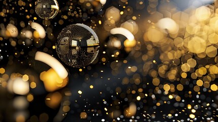 Disco gold ball with rays on black dark background with copy space. Dance party. mirror ball reflections, nightclub stage lights and party. Glowing ball for entertainment, sparkling effect lighting