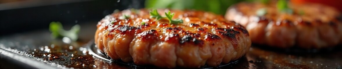 Sizzling Juicy Grilled Burger Patty Close-Up Delicious Texture and Rich Brown Color Perfect for Restaurant Menus, Food Blogs, and Advertising