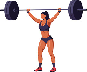 Obraz premium Female weightlifter performing overhead press with heavy barbell in active sportswear and red shoes