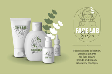 Facial Skincare Product Banner with Cream Tubes and Dropper Bottles