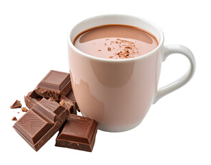 Delicious steaming hot chocolate in a cozy mug is accompanied by tempting broken chocolate bar squares.