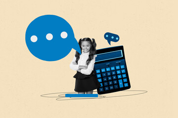 Full 3d art trend collage of happy cute schoolgirl stand calculator device bubble communication...