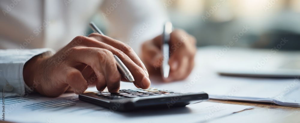 Poster the focused calculation process with a calculator and paperwork on the desk.