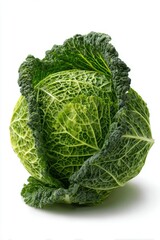 Fototapeta premium Fresh Savoy cabbage with crinkled dark green leaves on a white seamless background