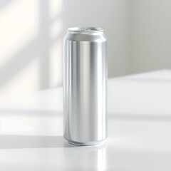 Minimalist tall aluminum can mockup on white background with soft daylight shadows, ideal for beverage branding and product design