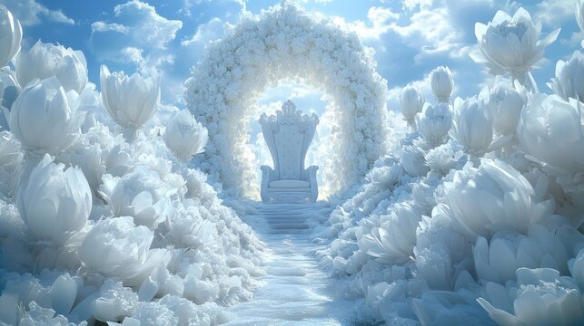 A magnificent throne room adorned with sculpted flowers under a brilliant sky.